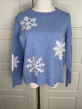 Calligraphie Blue Snowflake Pearl Embellished Christmas Sweater Large